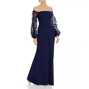 NWT Eliza J Off Shoulder 3D Floral Applique Sleeve Evening Gown in Navy Sz. 12